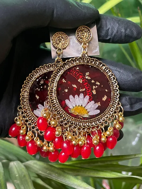 Red_Handmade_Resin_Jhumka_Base_Half_Daisy_Flower_Jhumka_Earring