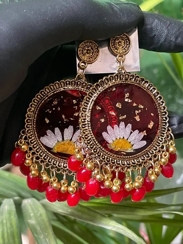 Red_Handmade_Resin_Jhumka_Base_Half_Daisy_Flower_Jhumka_Earring