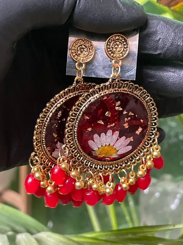 Red_Handmade_Resin_Jhumka_Base_Half_Daisy_Flower_Jhumka_Earring