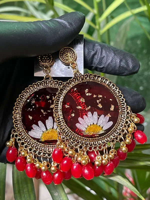 Red_Handmade_Resin_Jhumka_Base_Half_Daisy_Flower_Jhumka_Earring