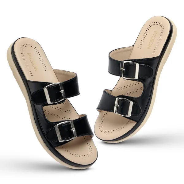 PICSON_Women_Stylish_Double_Buckle_Slides_|_Premium_Look_&_Extra_Soft_Cushion_Flats_Sandal