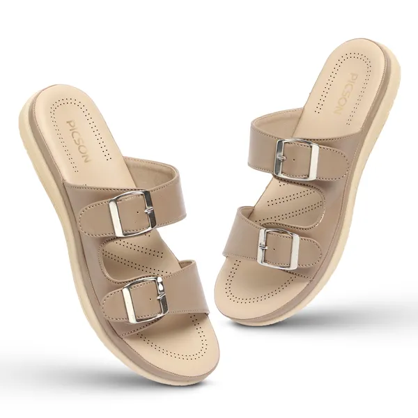 PICSON_Women_Stylish_Double_Buckle_Slides_|_Premium_Look_&_Extra_Soft_Cushion_Flats_Sandal
