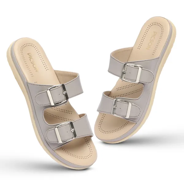 PICSON_Women_Stylish_Double_Buckle_Slides_|_Premium_Look_&_Extra_Soft_Cushion_Flats_Sandal