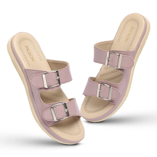 PICSON_Women_Stylish_Double_Buckle_Slides_|_Premium_Look_&_Extra_Soft_Cushion_Flats_Sandal