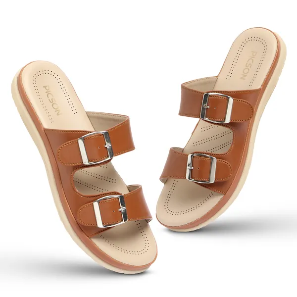 PICSON_Women_Stylish_Double_Buckle_Slides_|_Premium_Look_&_Extra_Soft_Cushion_Flats_Sandal