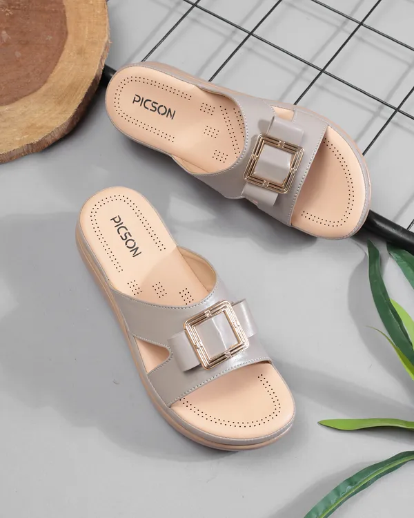 PICSON_Comfortable_Slide_Sandal_|_Gold_Buckle_Detail_with_Extra_Soft_Cushioning