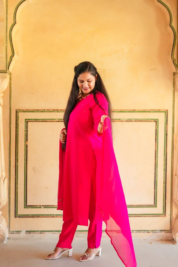Rani_Pink_Chanderi_Silk_Premium_&_Elegant_Kurta_&_Pant_Set_For_Women