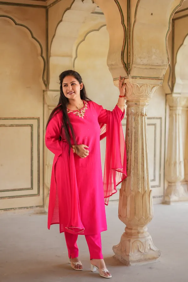 Rani_Pink_Chanderi_Silk_Premium_&_Elegant_Kurta_&_Pant_Set_For_Women