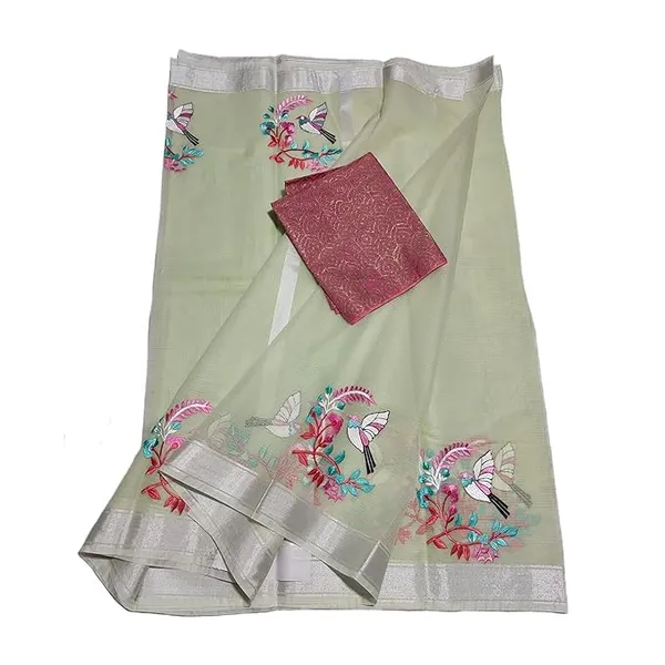 Indian_Ethnic_Saree_with_Embroidered_Floral_Motifs,_Zari_Borders,_Blouse_Piece,_5.5_Metres,_Olive_Green