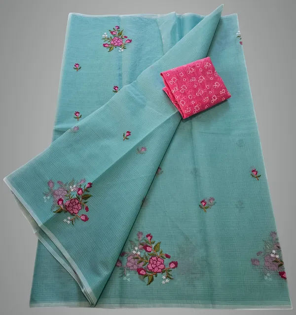 Women's_Kota_Doria_Saree_With_Stylish_FLoral_Embroidery_With_Extra_Contrast_blouse