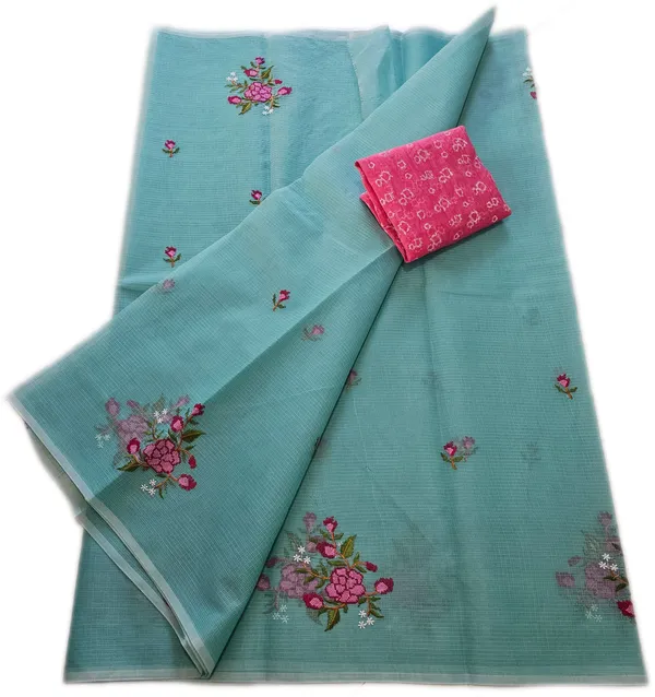 Women's_Kota_Doria_Saree_With_Stylish_FLoral_Embroidery_With_Extra_Contrast_blouse
