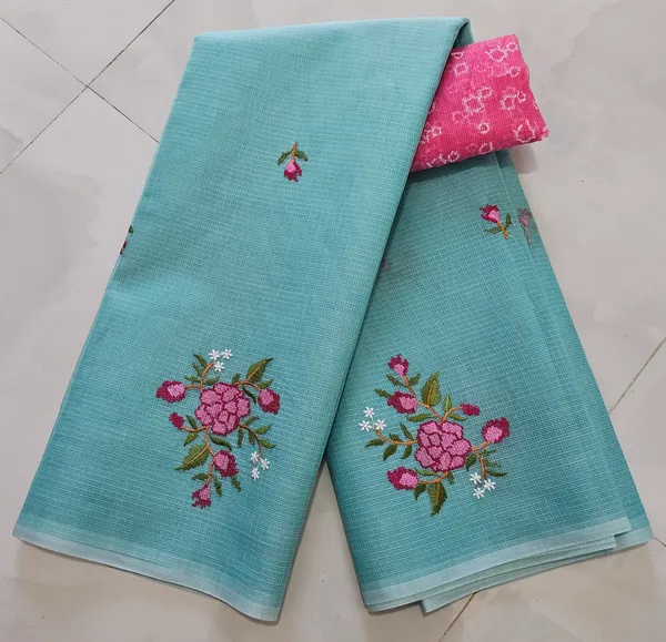 Women's_Kota_Doria_Saree_With_Stylish_FLoral_Embroidery_With_Extra_Contrast_blouse