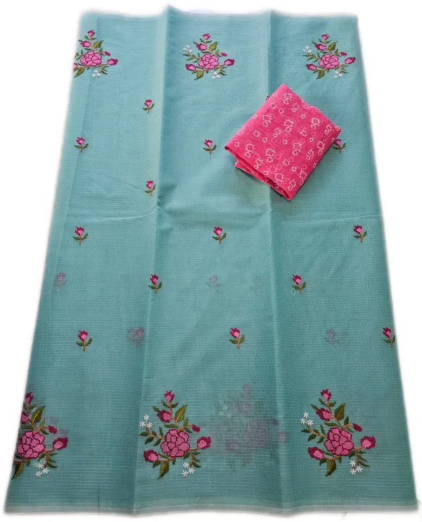 Women's_Kota_Doria_Saree_With_Stylish_FLoral_Embroidery_With_Extra_Contrast_blouse