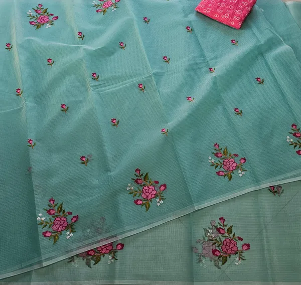 Women's_Kota_Doria_Saree_With_Stylish_FLoral_Embroidery_With_Extra_Contrast_blouse
