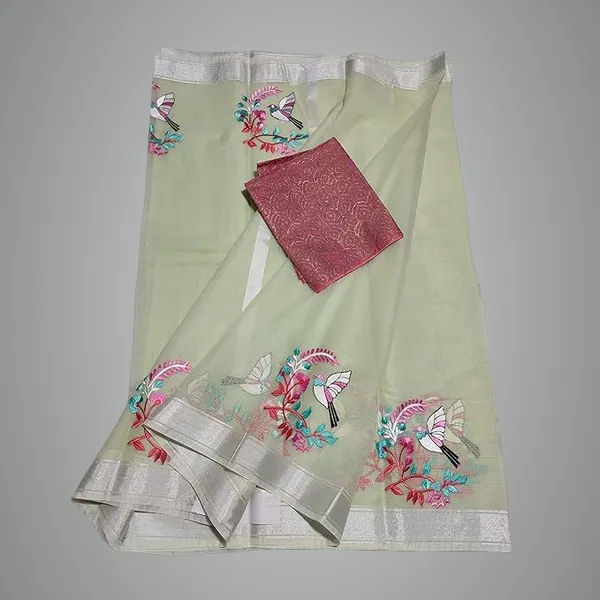Indian_Ethnic_Saree_with_Embroidered_Floral_Motifs,_Zari_Borders,_Blouse_Piece,_5.5_Metres,_Olive_Green