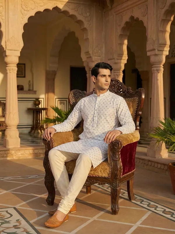 White_Synthetic_Premium_&_Elegant_Kurta_Pant_Set_For_Men