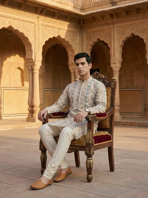 Cream_Synthetic_Premium_&_Elegant_Kurta_Pant_Set_For_Men