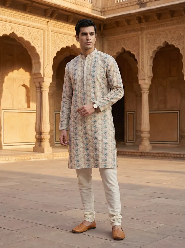 Cream_Synthetic_Premium_&_Elegant_Kurta_Pant_Set_For_Men