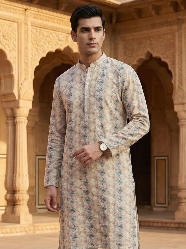 Cream_Synthetic_Premium_&_Elegant_Kurta_Pant_Set_For_Men