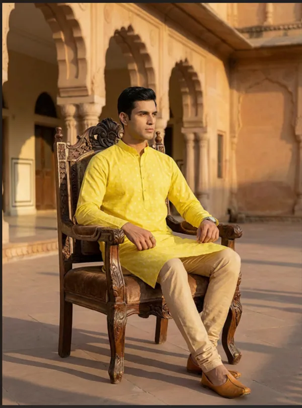 Yellow_Synthetic_Premium_&_Elegant_Kurta_Pant_Set_For_Men