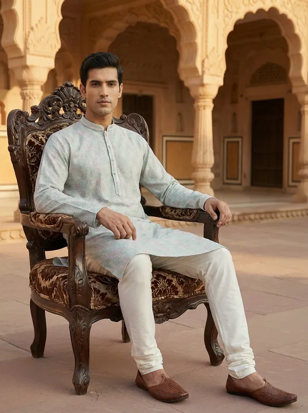 Yellow_&_Green_Synthetic_Premium_&_Elegant_Kurta_Pant_Set_For_Men