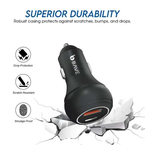 BAVE_145W_Flash_Charge_100W_Supervooc_+45W_Pd/Pps_Car_Charger,_Bis_Certified,_Dual_Port_Fast_Smart_Car_Charger,_Compatible_with_Smartphones,_Laptops,_USB_Devices_+USB_C_Cable_(Black_Matte)