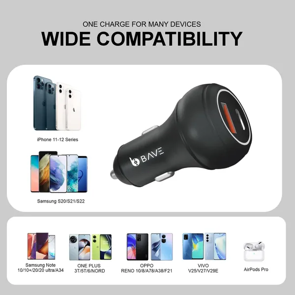 BAVE_145W_Flash_Charge_100W_Supervooc_+45W_Pd/Pps_Car_Charger,_Bis_Certified,_Dual_Port_Fast_Smart_Car_Charger,_Compatible_with_Smartphones,_Laptops,_USB_Devices_+USB_C_Cable_(Black_Matte)