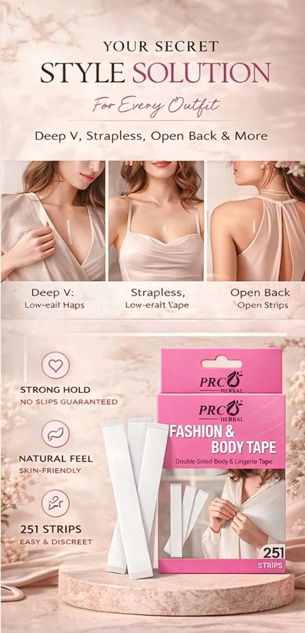 PRC_HERBAL_Fashion_&_Body_Tape_–_Double-Sided_Invisible_Lingerie_Tape_for_Women_|_Strong_Hold,_Skin-Friendly_|_Perfect_for_Saree,_Dresses_&_Deep_Neck_Outfits_(502_Strips)