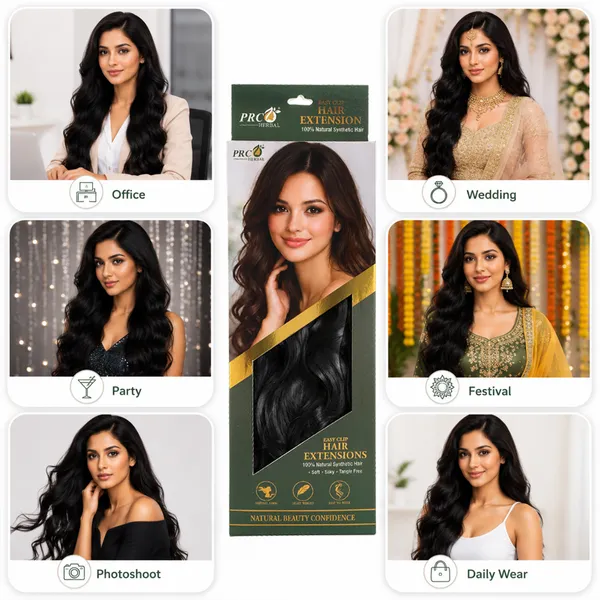 PRC_Herbal_Easy_Clip_Hair_Extensions_5_Clip_|_150GMS_|_Natural_Brown_Wavy_Hair_Extensions_|_Instant_Volume_&_Length_|_Soft_Silky_Synthetic_Hair