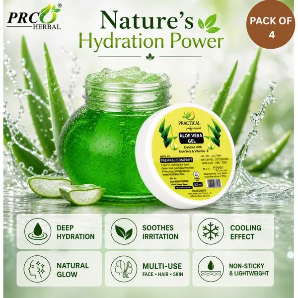 PRC_Practical_Aloe_Vera_Gel_(Green)_500ml_(Pack_of_4)|_Hydrating_&_Soothing_Gel_with_Vitamin_E_for_Skin_&_Hair_|_Natural_Moisturizer_for_Face,_Body_&_Hair