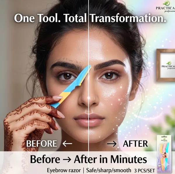 PRC_Practical_Professional_Eyebrow_Razor_for_Women_–_Safe_&_Gentle_Face_Hair_Remover_|_Dermaplaning_Tool_for_Eyebrows,_Upper_Lip_&_Facial_Hair_|_3_Pcs_Set_OF_10_(Yellow,_Pink,_Blue)