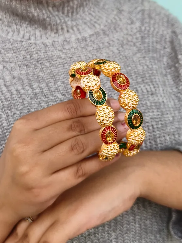 Monika_Bangle_|Golden_High_Quality_Brass_|Multicolor_Kada|_Gold_Bead__|_Set_of_2