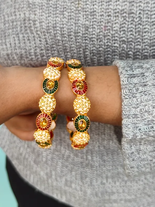 Monika_Bangle_|Golden_High_Quality_Brass_|Multicolor_Kada|_Gold_Bead__|_Set_of_2