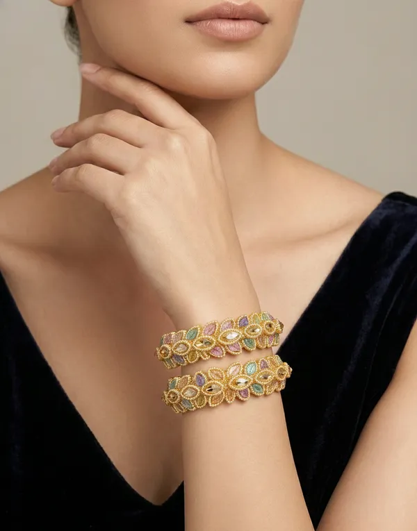 Radha_Bangle_|_Gold_Plated_|Multicolor_American_Petal_shaped_Diamond_|_Set_of_2