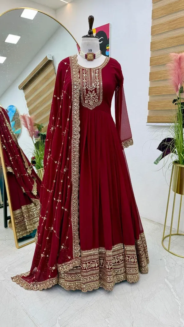 Maroon_Faux-Fur_Gown_For_Women