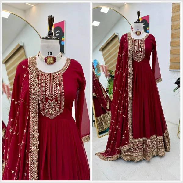 Maroon_Faux-Fur_Gown_For_Women