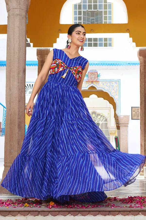 Blue_&_Striped_Georgette_Gown_For_Women