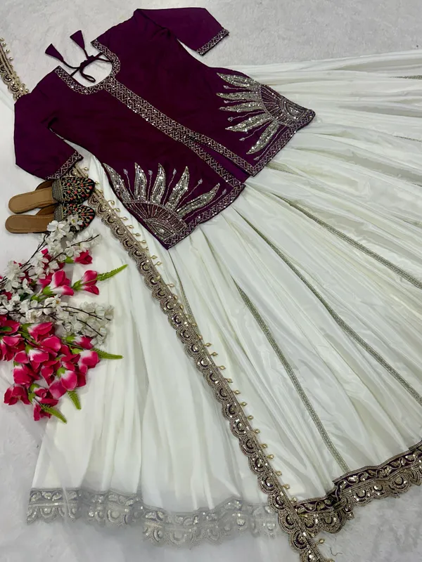 White_&_Purple_Silk_Lehenga_Crop_Top_For_Women
