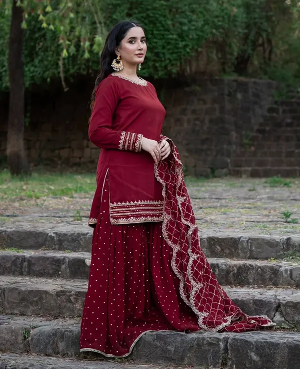 Maroon_Faux-Fur_Cotton_Sharara_Suit_For_Women