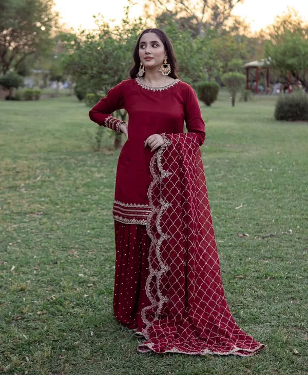 Maroon_Faux-Fur_Cotton_Sharara_Suit_For_Women