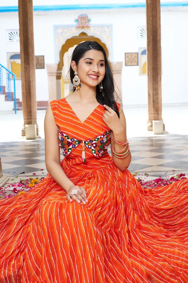 Striped_&_Orange_Georgette_Gown_For_Women