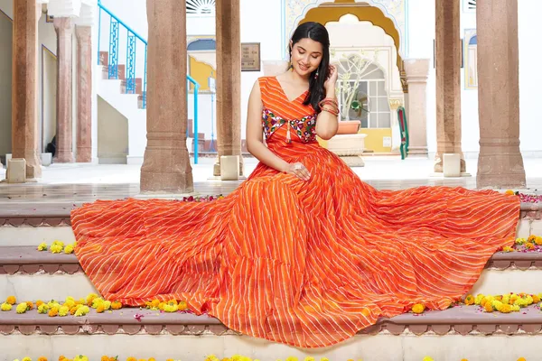 Striped_&_Orange_Georgette_Gown_For_Women
