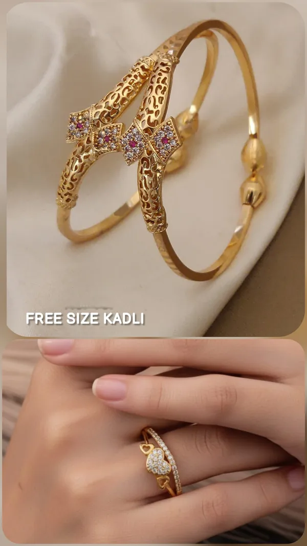 High_Gold_Pleated_Bangels_+_Ring_Combo_(_Free_Size_Bangals_)_For_Women