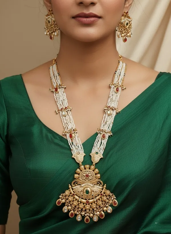 High_Gold_Pleated_Long_Necklace_Moti_Set_Premium_Quality_For_Women