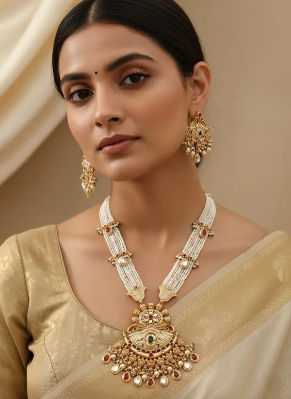 High_Gold_Pleated_Long_Necklace_Moti_Set_Premium_Quality_For_Women
