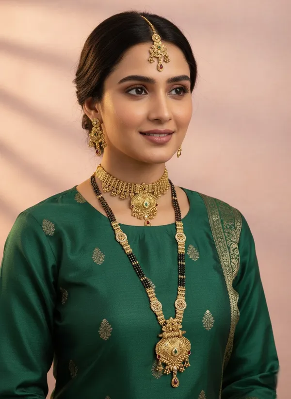 High_Gold_Pleated_Mangalsutra_Necklace_Combo_Set_For_Women
