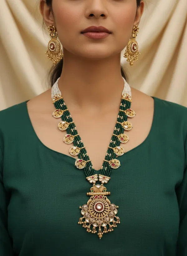 High_Gold_Pleated_Necklace_Long_Moti_Set_For_Women