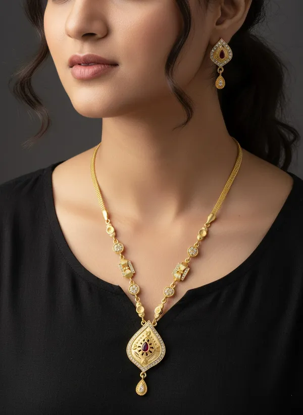 High_Gold_Pleated_Pendant_Set_Premium_Quality__For_Women