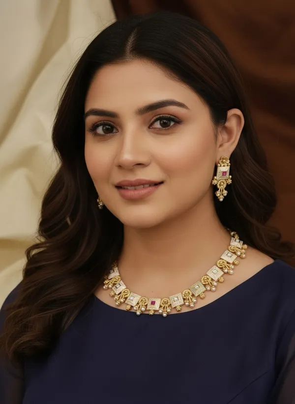 High_Gold_Pleated_Necklace_With_Earrings__For_Women