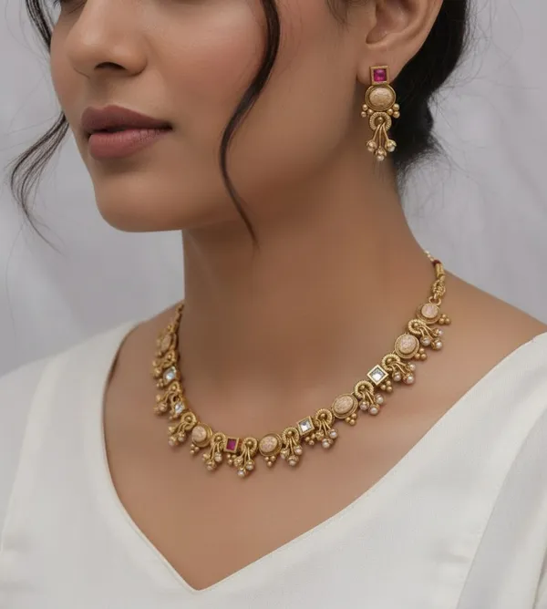 High_Gold_Pleated_Necklace_With_Matching_Earrings_For_Women